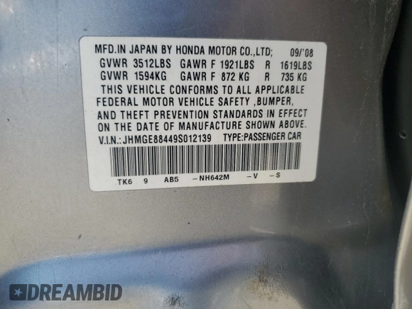 2009 Honda Fit Sport with VIN JHMGE88449S012139, listed as a Copart auction lot 60046185 with 255,292 mi miles and Clean title. Bid and sale history available at DreamBid. Image 12.
