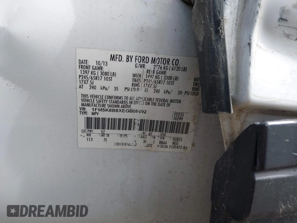 2014 Ford Explorer с VIN 1FM5K8B8XEGB08492, выставлен на аукционе IAAI как лот 42165666 с пробегом 190 954 миль миль и . История ставок и продаж доступна на DreamBid. Изображение 9.