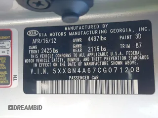 2012 Kia Optima EX with VIN 5XXGN4A67CG071208, listed as a IAAI auction lot 41302757 with 99,209 mi miles and . Bid and sale history available at carsss.com. Image 9.