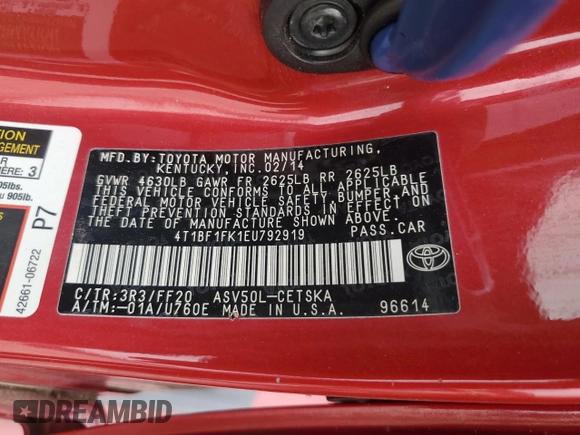 2014 Toyota Camry L with VIN 4T1BF1FK1EU792919, listed as a Copart auction lot 44449115 with 98,020 mi miles and Non Repairable. Bid and sale history available at carsss.com. Image 13.