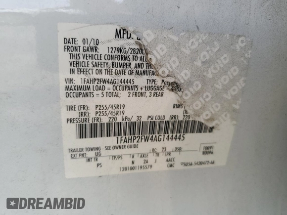 2010 Ford Taurus Limited with VIN 1FAHP2FW4AG144445, listed as a Copart auction lot 56878295 with 148,439 mi miles and Salvage title. Bid and sale history available at DreamBid. Image 12.