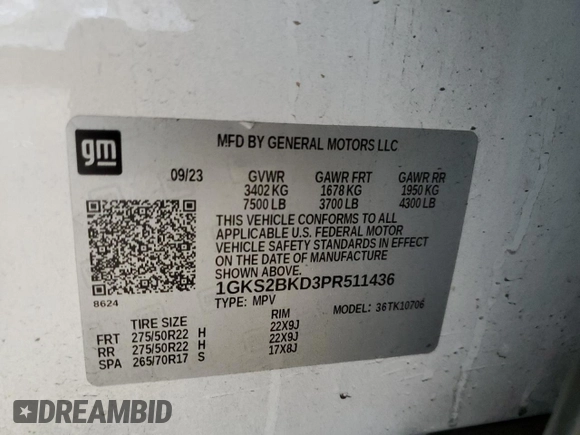 2023 GMC Yukon SLT with VIN 1GKS2BKD3PR511436, listed as a Copart auction lot 51064325 with 39,426 mi miles and Salvage Title. Bid and sale history available at carsss.com. Image 15.