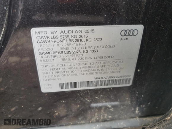 2016 Audi Q5 Premium Plus with VIN WA1CVAFP0GA059587, listed as a Copart auction lot 56533385 with 126,628 mi miles and Salvage title. Bid and sale history available at DreamBid. Image 13.