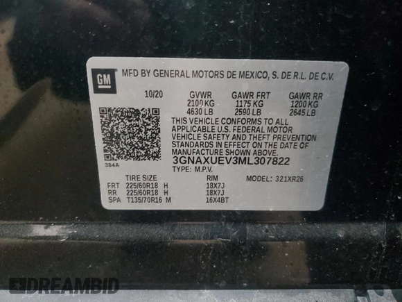 2021 Chevrolet Equinox LT z VIN 3GNAXUEV3ML307822, wystawiony jako Copart lot #57339915 z przebiegiem 44 500 mil mil oraz Szkoda całkowita • Salvage title. Historia ofert i sprzedaży dostępna na DreamBid. Obrazek 14.