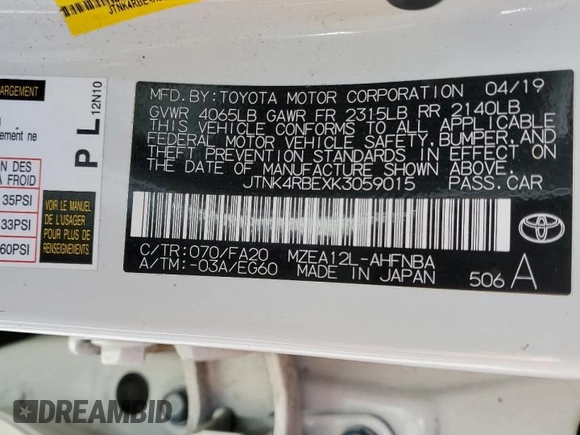 2019 Toyota Corolla SE with VIN JTNK4RBEXK3059015, listed as a Copart auction lot 77062644 with 55,028 mi miles and Salvage Title. Bid and sale history available at DreamBid. Image 13.