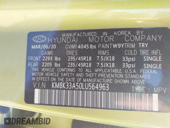 2020 Hyundai Kona Limited with VIN KM8K33A50LU564963, listed as a IAAI auction lot 41683697 with 87,893 mi miles. Bid and sale history available at carsss.com. Image 9.