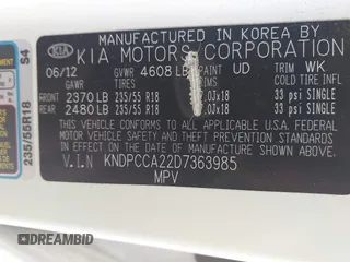 2013 Kia Sportage EX with VIN KNDPCCA22D7363985, listed as a IAAI auction lot 42621519 with 160,029 mi miles and . Bid and sale history available at DreamBid. Image 9.