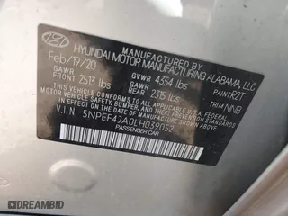2020 Hyundai Sonata SEL with VIN 5NPEF4JA0LH039052, listed as a IAAI auction lot 41760055 with 57,867 mi miles. Bid and sale history available at carsss.com. Image 9.