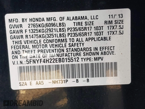 2014 Honda Pilot LX with VIN 5FNYF4H22EB015512, listed as a IAAI auction lot 41753515 with 152,287 mi miles and . Bid and sale history available at DreamBid. Image 9.