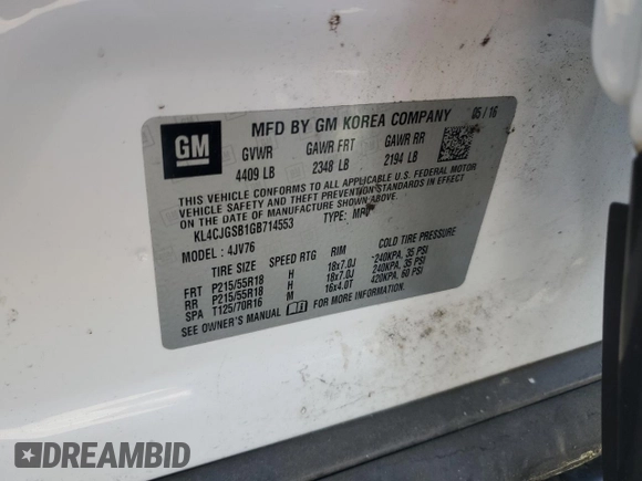 2016 Buick Encore Leather with VIN KL4CJGSB1GB714553, listed as a Copart auction lot 51039915 with 97,858 mi miles and Salvage Title. Bid and sale history available at carsss.com. Image 13.