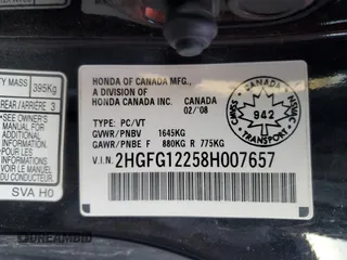 2008 Honda Civic Cpe DX with VIN 2HGFG12258H007657, listed as a Copart auction lot 76782534 with 181,987 mi miles and Salvage Title. Bid and sale history available at carsss.com. Image 12.