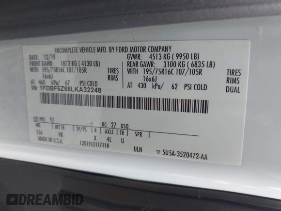 2020 Ford Transit с VIN 1FDBF6Z88LKA32248, выставлен на аукционе IAAI как лот 42589011 с пробегом Не указан миль и . История ставок и продаж доступна на DreamBid. Изображение 9.