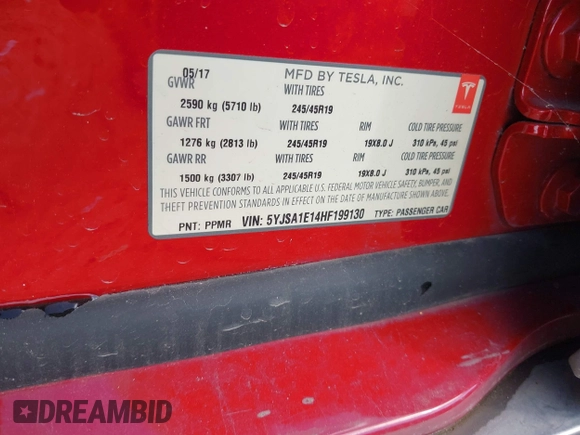 2017 Tesla Model S 60 with VIN 5YJSA1E14HF199130, listed as a IAAI auction lot 42544333 with 72,858 mi miles and . Bid and sale history available at DreamBid. Image 9.
