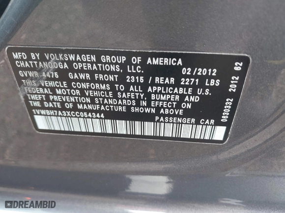 2012 Volkswagen Passat SE with VIN 1VWBH7A3XCC054344, listed as a IAAI auction lot 41290377 with 195,009 mi miles. Bid and sale history available at carsss.com. Image 9.
