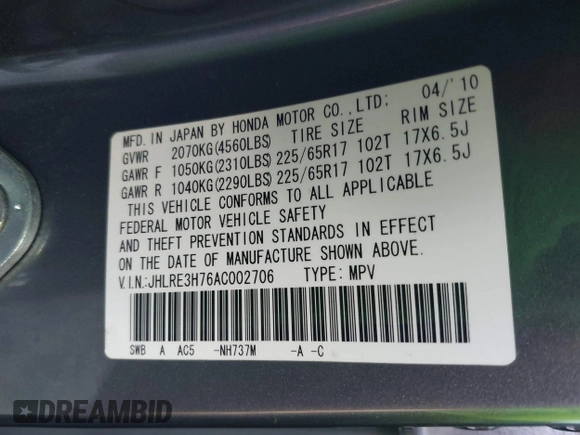 2010 Honda CR-V EX-L with VIN JHLRE3H76AC002706, listed as a IAAI auction lot 42126760 with 170,971 mi miles and . Bid and sale history available at carsss.com. Image 9.