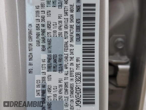 2024 Mazda CX-90 Premium Plus with VIN JM3KKEHD0R1138238, listed as a Copart auction lot 58340315 with 22,396 mi miles and Salvage title. Bid and sale history available at DreamBid. Image 12.