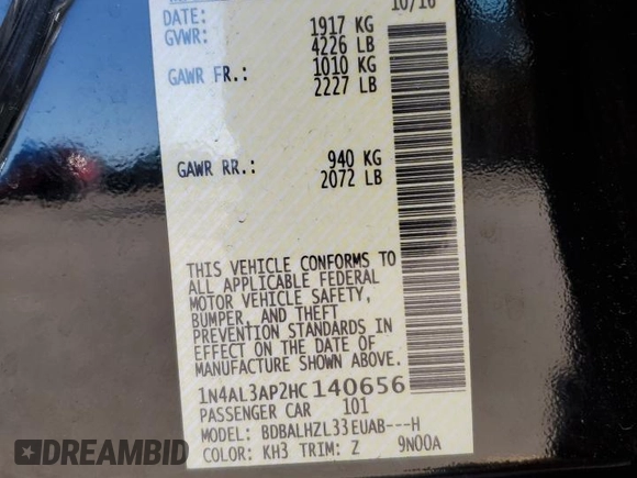 2017 Nissan Altima SR with VIN 1N4AL3AP2HC140656, listed as a Copart auction lot 53314015 with 69,092 mi miles and Salvage title. Bid and sale history available at DreamBid. Image 14.