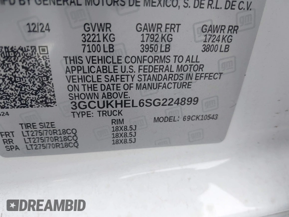 2025 Chevrolet Silverado 1500 with VIN 3GCUKHEL6SG224899, listed as a IAAI auction lot 41828205 with 3,067 mi miles and . Bid and sale history available at DreamBid. Image 9.