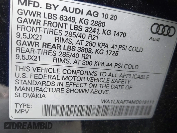 2021 Audi Q7 Premium Plus with VIN WA1LXAF74MD018111, listed as a IAAI auction lot 41967005 with 70,857 mi miles and . Bid and sale history available at DreamBid. Image 9.