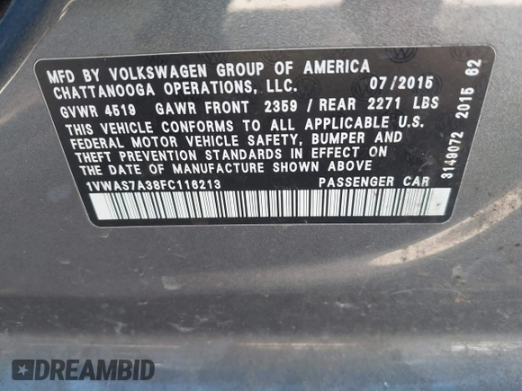 2015 Volkswagen Passat S with VIN 1VWAS7A38FC116213, listed as a IAAI auction lot 41749385 with 169,599 mi miles and . Bid and sale history available at DreamBid. Image 9.
