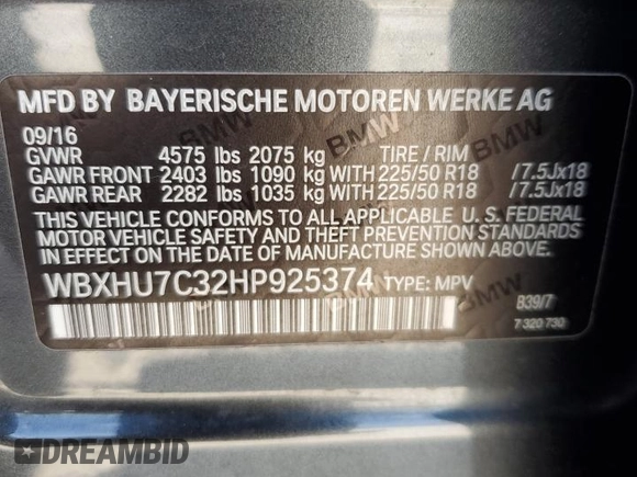 2017 BMW X1 sDrive28i with VIN WBXHU7C32HP925374, listed as a Copart auction lot 54820225 with 136,708 mi miles and Clean Title. Bid and sale history available at carsss.com. Image 13.