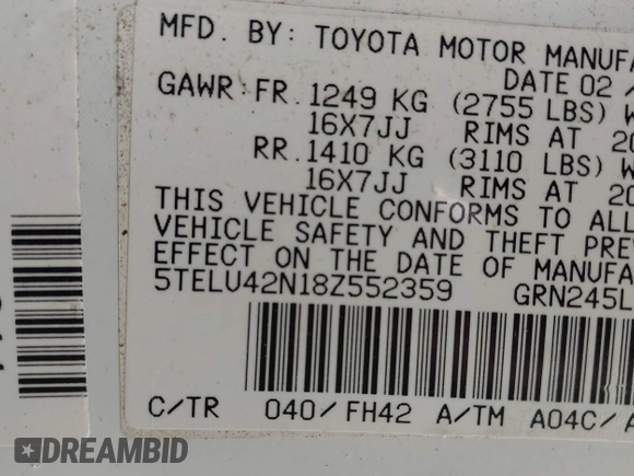 2008 Toyota Tacoma z VIN 5TELU42N18Z552359, wystawiony jako IAAI lot #42269959 z przebiegiem 163 012 mil mil oraz . Historia ofert i sprzedaży dostępna na DreamBid. Obrazek 9.