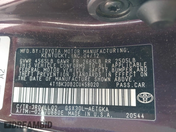 2012 Toyota Avalon z VIN 4T1BK3DB2CU458020, wystawiony jako IAAI lot #41707811 z przebiegiem 91 999 mil mil oraz . Historia ofert i sprzedaży dostępna na DreamBid. Obrazek 9.