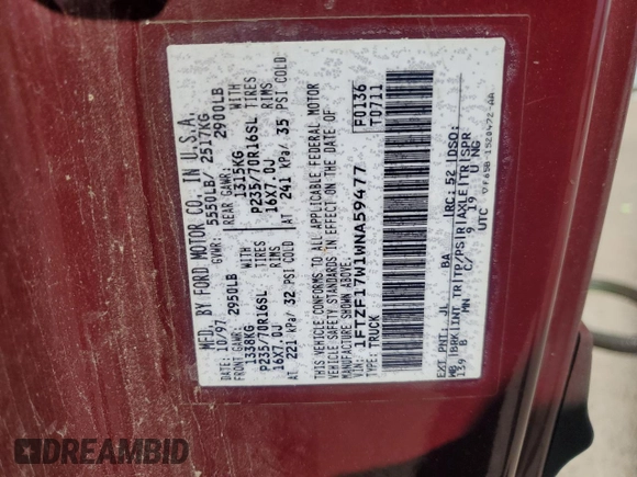 1998 Ford F-150 z VIN 1FTZF17W1WNA59477, wystawiony jako Copart lot #55849255 z przebiegiem 107 471 mil mil oraz Szkoda całkowita • Salvage title. Historia ofert i sprzedaży dostępna na DreamBid. Obrazek 12.