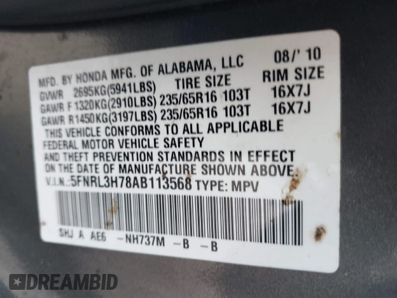 2010 Honda Odyssey EX-L с VIN 5FNRL3H78AB113568, выставлен на аукционе IAAI как лот 41181639 с пробегом 132 130 миль миль и . История ставок и продаж доступна на DreamBid. Изображение 9.