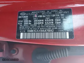 2021 Hyundai Kona SE with VIN KM8K1CAA5MU676842, listed as a Copart auction lot 46414125 with 0 mi miles and Salvage Title. Bid and sale history available at carsss.com. Image 13.