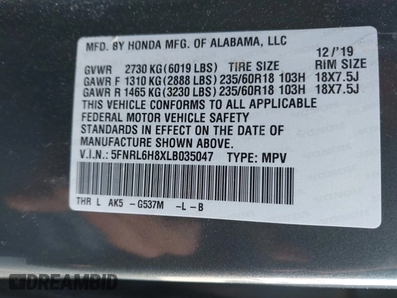 2020 Honda Odyssey Touring z VIN 5FNRL6H8XLB035047, wystawiony jako IAAI lot #41794343 z przebiegiem 57 537 mil mil oraz . Historia ofert i sprzedaży dostępna na DreamBid. Obrazek 9.