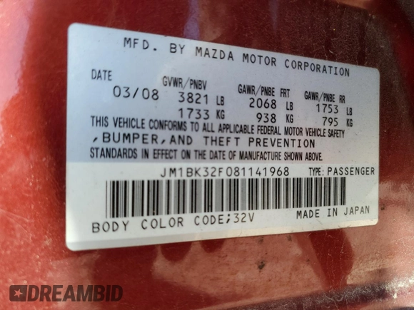 2008 Mazda Mazda3 i Touring Value with VIN JM1BK32F081141968, listed as a Copart auction lot 48970955 with 90,308 mi miles and Salvage Title. Bid and sale history available at carsss.com. Image 14.