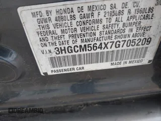 2007 Honda Accord LX z VIN 3HGCM564X7G705209, wystawiony jako IAAI lot #42514580 z przebiegiem 168 983 mil mil oraz . Historia ofert i sprzedaży dostępna na DreamBid. Obrazek 9.