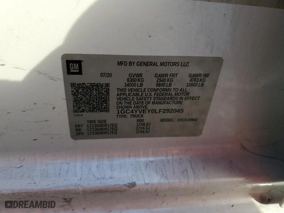 2020 Chevrolet Silverado 3500HD High Country with VIN 1GC4YVEY0LF292045, listed as a Copart auction lot 43163175 with 79,232 mi miles and Salvage Title. Bid and sale history available at carsss.com. Image 12.