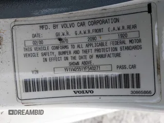 2000 Volvo V40 z VIN YV1VW2551YF540271, wystawiony jako IAAI lot #41660897 z przebiegiem 168 864 mil mil oraz . Historia ofert i sprzedaży dostępna na DreamBid. Obrazek 9.