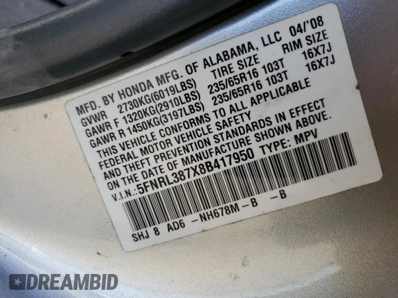 2008 Honda Odyssey EX-L with VIN 5FNRL387X8B417950, listed as a Copart auction lot 52579045 with 166,831 mi miles and Salvage Title. Bid and sale history available at carsss.com. Image 13.