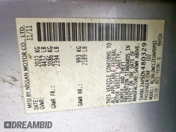 2012 Nissan Altima SR with VIN 1N4BL2AP5CN480329, listed as a Copart auction lot 54907545 with 113,570 mi miles and Salvage Title. Bid and sale history available at DreamBid. Image 13.