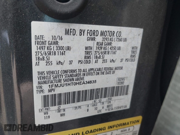2017 Ford Expedition XLT with VIN 1FMJU1HT0HEA34835, listed as a IAAI auction lot 42763555 with 172,607 mi miles and . Bid and sale history available at DreamBid. Image 9.