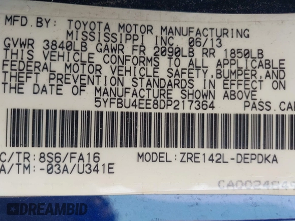 2013 Toyota Corolla L with VIN 5YFBU4EE8DP217364, listed as a IAAI auction lot 42144930 with 164,721 mi miles and . Bid and sale history available at DreamBid. Image 9.