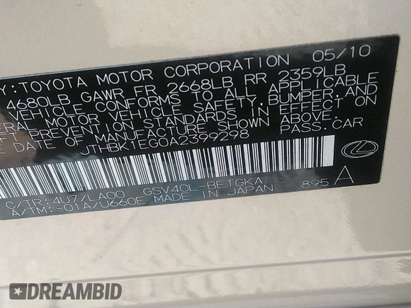 2010 Lexus ES 330 with VIN JTHBK1EG0A2399298, listed as a IAAI auction lot 41853926 with 92,309 mi miles and . Bid and sale history available at DreamBid. Image 9.