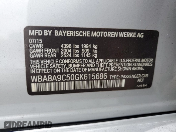 2016 BMW 3 Series 320i with VIN WBA8A9C50GK615686, listed as a Copart auction lot 88160955 with 59,603 mi miles and Salvage Title. Bid and sale history available at carsss.com. Image 12.