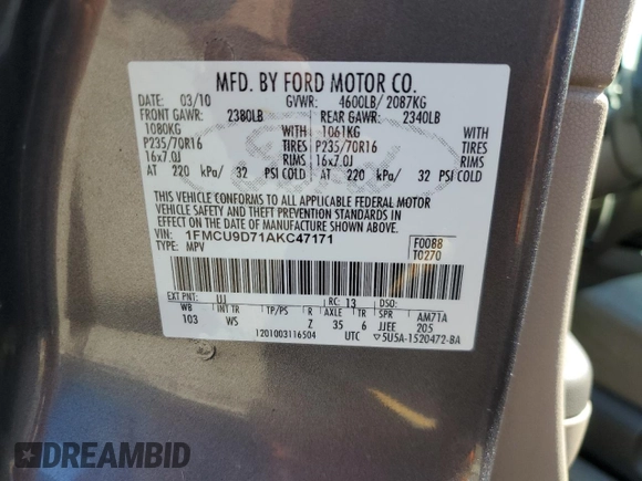 2010 Ford Escape XLT с VIN 1FMCU9D71AKC47171, выставлен на аукционе Copart как лот 57450885 с пробегом 138 317 миль миль и Чистый • Clean title. История ставок и продаж доступна на DreamBid. Изображение 13.