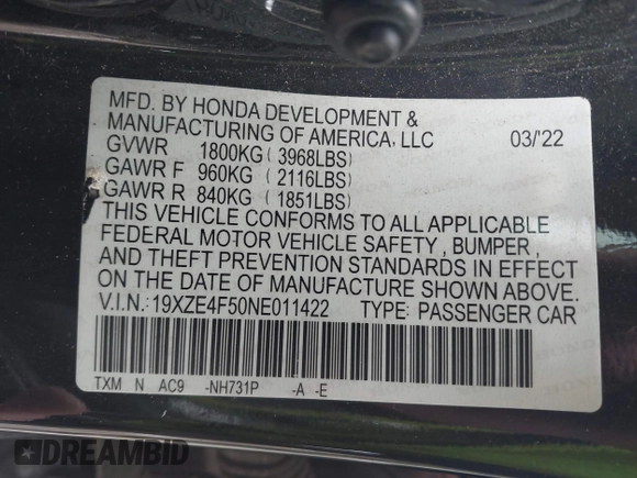2022 Honda Insight EX with VIN 19XZE4F50NE011422, listed as a IAAI auction lot 41959765 with 68,326 mi miles and . Bid and sale history available at carsss.com. Image 9.