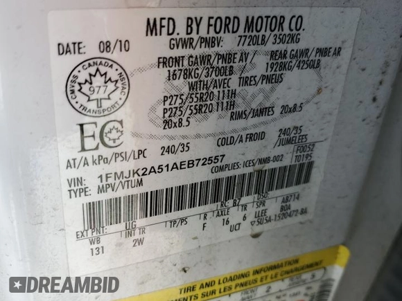 2010 Ford Expedition Max Limited with VIN 1FMJK2A51AEB72557, listed as a Copart auction lot 57664744 with 210,643 mi miles and Salvage title. Bid and sale history available at DreamBid. Image 13.