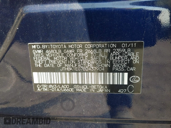 2011 Lexus ES 330 with VIN JTHBK1EG7B2437904, listed as a IAAI auction lot 42486692 with Not provided miles and . Bid and sale history available at DreamBid. Image 9.