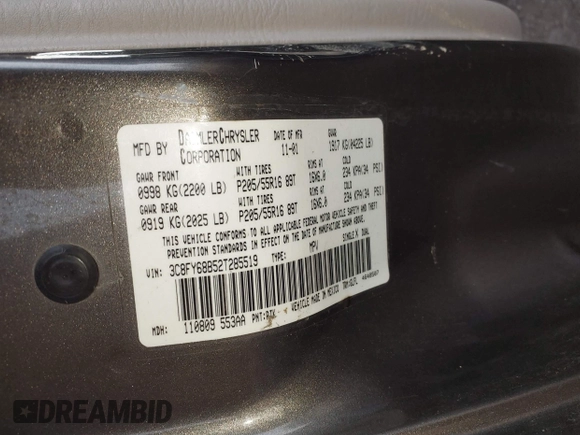 2002 Chrysler PT Cruiser Limited with VIN 3C8FY68B52T285519, listed as a IAAI auction lot 41784656 with 55,168 mi miles and . Bid and sale history available at DreamBid. Image 9.
