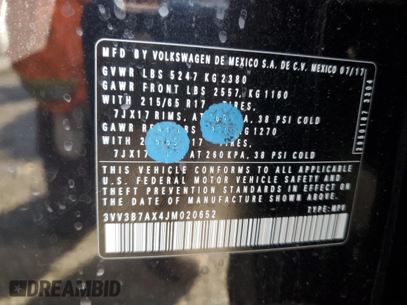 2018 Volkswagen Tiguan SEL with VIN 3VV3B7AX4JM020652, listed as a Copart auction lot 89194375 with 53,285 mi miles and Salvage Title. Bid and sale history available at DreamBid. Image 13.