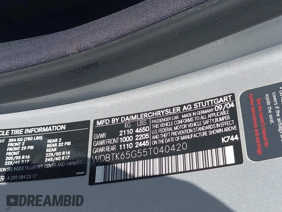 2005 Mercedes-Benz CLK 320 with VIN WDBTK65G55T040420, listed as a IAAI auction lot 42213018 with 32,696 mi miles and . Bid and sale history available at DreamBid. Image 9.