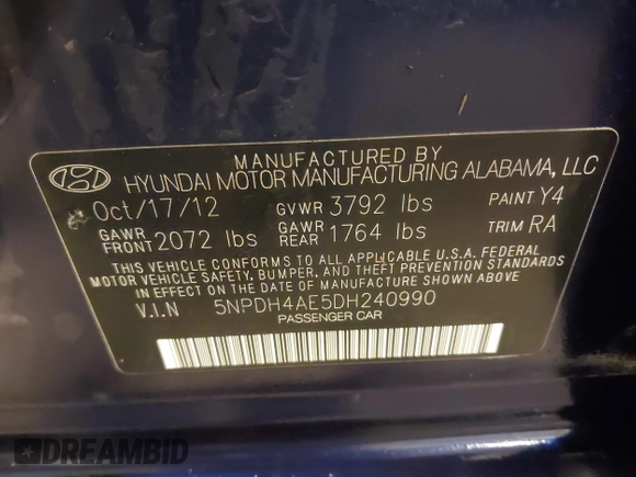 2013 Hyundai Elantra Limited with VIN 5NPDH4AE5DH240990, listed as a IAAI auction lot 42046871 with 138,037 mi miles and . Bid and sale history available at DreamBid. Image 9.