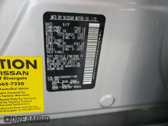 2017 Nissan Armada SL with VIN JN8AY2ND6H9011388, listed as a Copart auction lot 51095915 with 44,735 mi miles and Salvage Title. Bid and sale history available at carsss.com. Image 16.